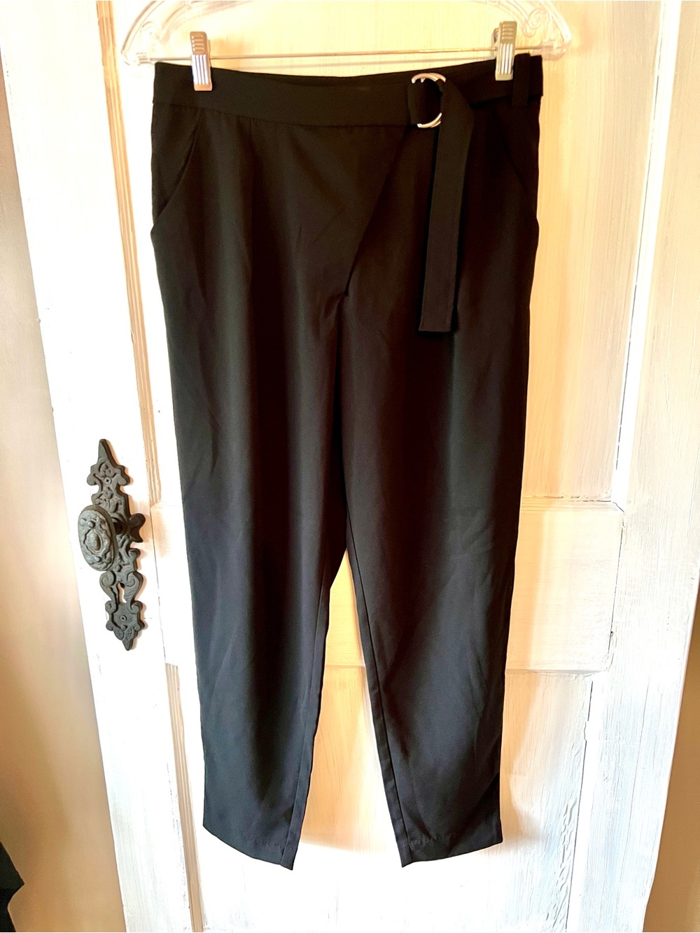 Divided Black Ankle Crop Belted Tapered Pants